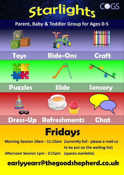 Starlights parent, baby and toddler group for ages 0 to 4. Every Friday