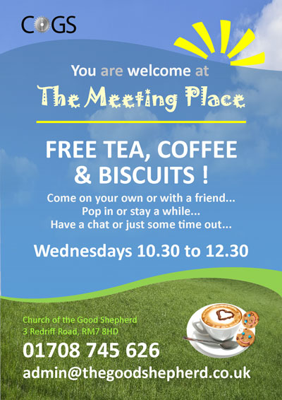 The Meeting Place. Free tea, coffee and biscuits. Come and chat with us. Wednesdays 10:30 to 12:30